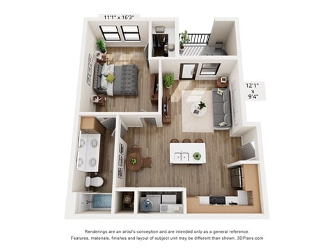 Floor plan for 1 bed, 1 bath, 742 sqft